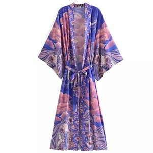 Boho Lunar Cosmos Moon&Stars Long Kimono Duster In Lilac